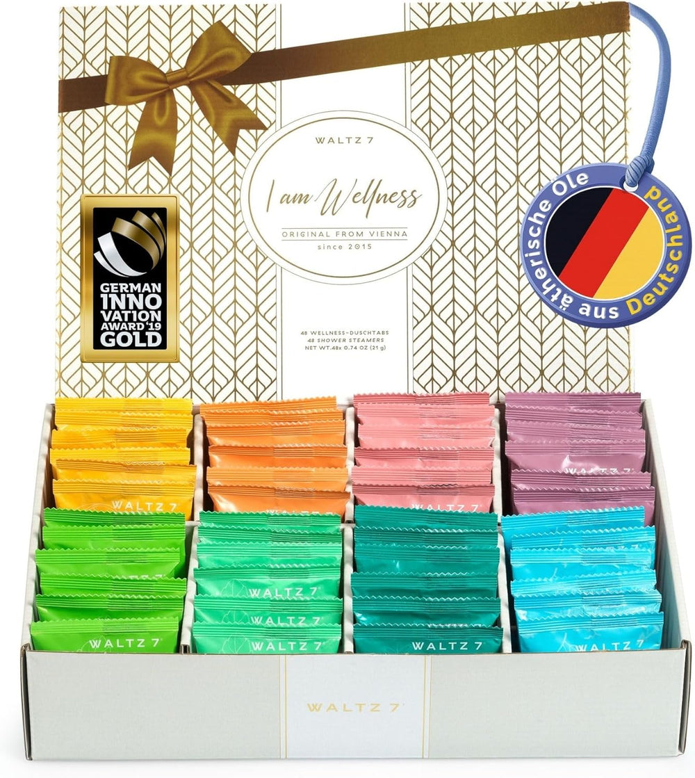 WALTZ 7 Duschbomben Set, 48 Stück Vorteilspack, 8 Düfte, Premium Wellness Geschenk für Frauen