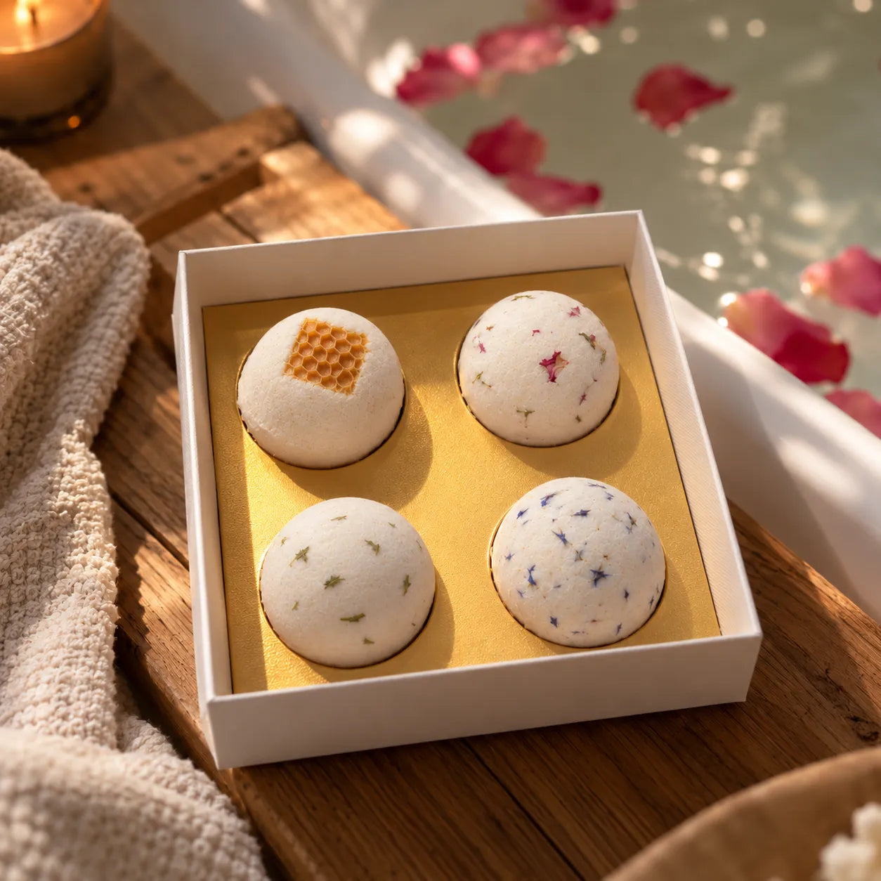 Geöffnete Royal-Wellness-Box mit vier handgemachten Badekugeln am Rand einer Badewanne